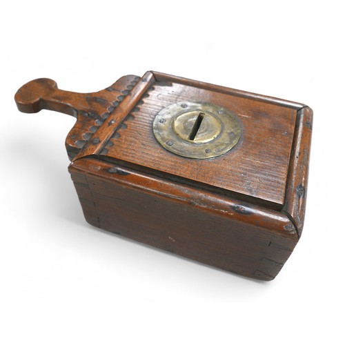 188 - A Victorian church collection box, with carved handle and slide motion top, 27.5 by 15.5 by 9cm high... 