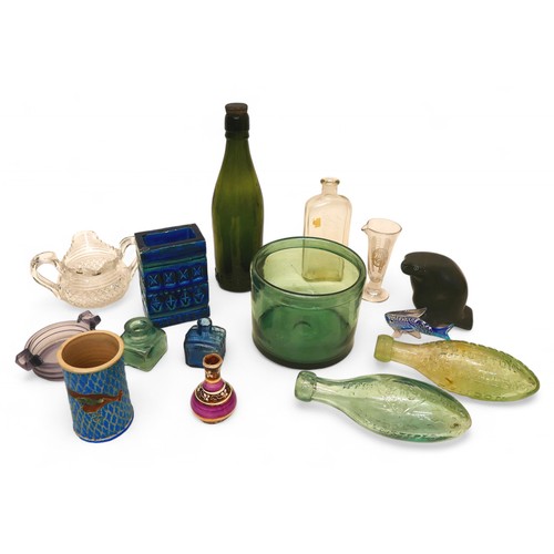 139 - A group of mixed glassware and collectables, including two Victorian torpedo bottles, a vintage gree... 