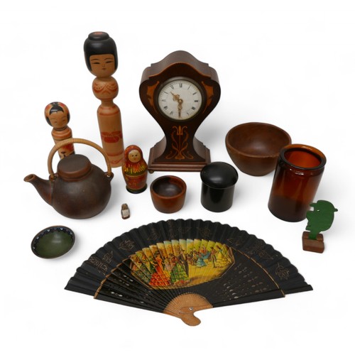 140 - A mixed group of collectables, including an amber glass apothecary jar, a small enamel bowl, a mahog... 