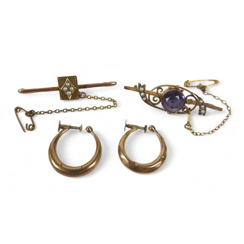 78 - Two 9ct gold brooches and a pair of 9ct gold earrings, total weight 7.49gs, brooches 4.5cm in length... 