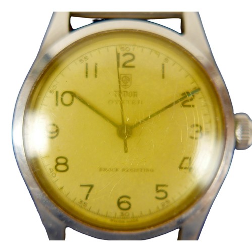 63 - A Tudor Oyster stainless steel gentleman's wristwatch, circa 1950s, the 'tropical' silvered dial wit... 