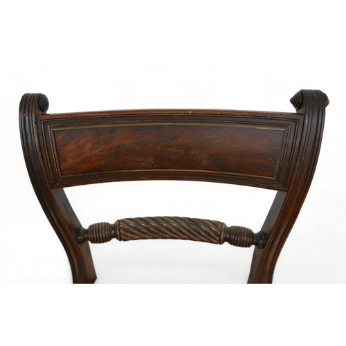 349 - A set of six George III mahogany rope back dining chairs, with over stuffed seats on ring turned fro... 