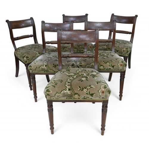 349 - A set of six George III mahogany rope back dining chairs, with over stuffed seats on ring turned fro... 