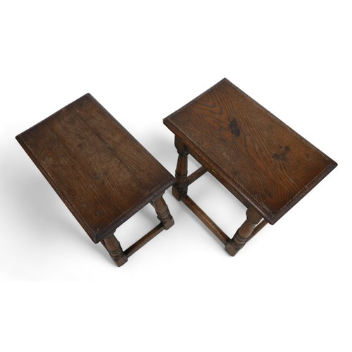 350 - A near pair of oak joint coffin stools, probably 18th century and later, each 45 by 28 by 46cm high.... 