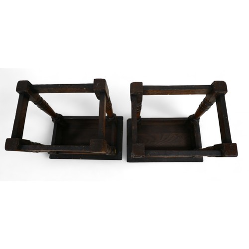 350 - A near pair of oak joint coffin stools, probably 18th century and later, each 45 by 28 by 46cm high.... 