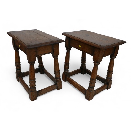 350 - A near pair of oak joint coffin stools, probably 18th century and later, each 45 by 28 by 46cm high.... 