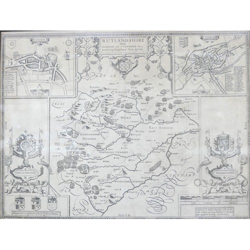 219 - Three 18th century maps, comprising a Johan Speed map of Rutlandshire, 38.5 by 50.5cjm, framed and g... 