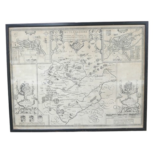 219 - Three 18th century maps, comprising a Johan Speed map of Rutlandshire, 38.5 by 50.5cjm, framed and g... 