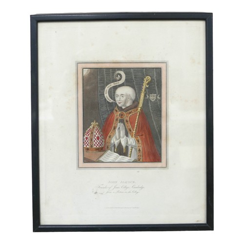 215 - Two Ackerman's history of Cambridge prints, depicting Hugh de Balsham founder of St Peters College, ... 