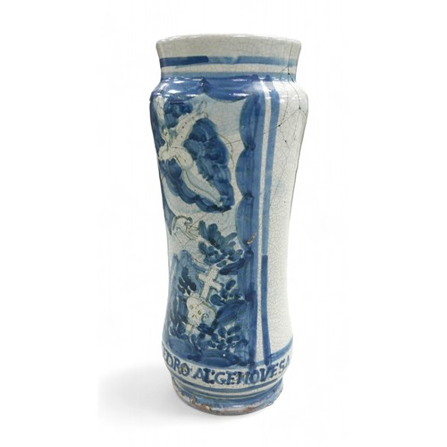 122 - An Italian maiolica albarello, early 18th century, the slender waisted form painted in blue and blac... 