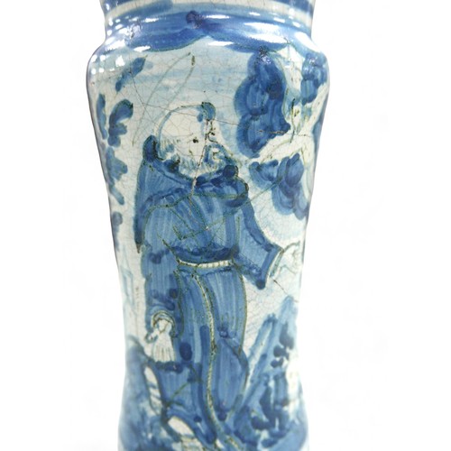 122 - An Italian maiolica albarello, early 18th century, the slender waisted form painted in blue and blac... 