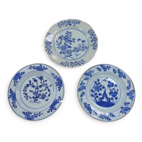 103 - Three 18th century Chinese blue and white dishes, 22 and 23cm diameter.