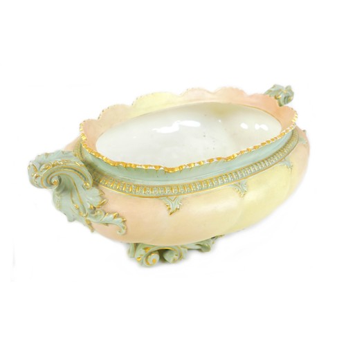 126 - A Victorian Royal Worcester china large oval blush planter or jardiniere, with twin acanthus side ha... 