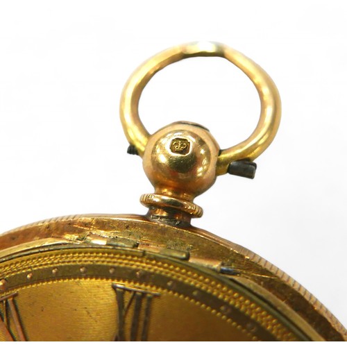 64 - A Victorian 18ct gold cased open face pocket watch, key wind, with Roman numeral dial, subsidiary se... 