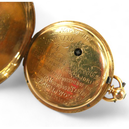 64 - A Victorian 18ct gold cased open face pocket watch, key wind, with Roman numeral dial, subsidiary se... 