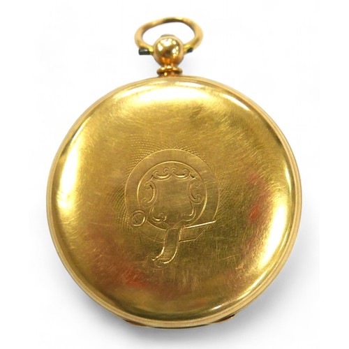 64 - A Victorian 18ct gold cased open face pocket watch, key wind, with Roman numeral dial, subsidiary se... 