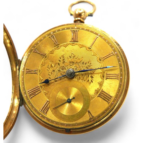 64 - A Victorian 18ct gold cased open face pocket watch, key wind, with Roman numeral dial, subsidiary se... 