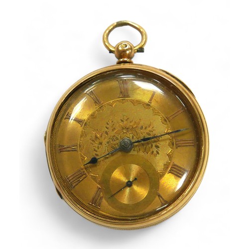 64 - A Victorian 18ct gold cased open face pocket watch, key wind, with Roman numeral dial, subsidiary se... 