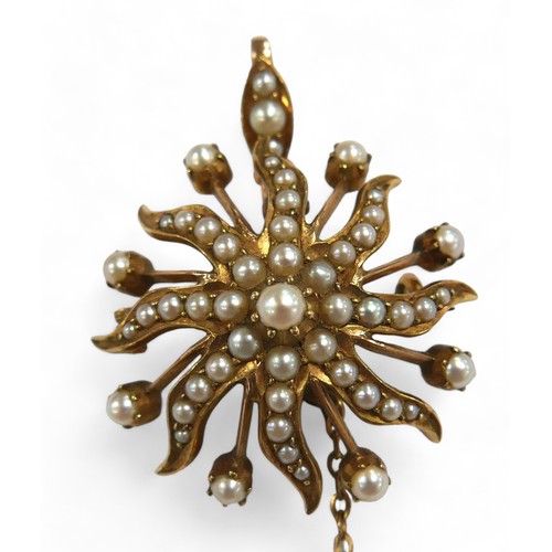 74 - Two pearl brooches, comprising a 15ct gold brooch, 3.7g, 3.7cm wide, together with a yellow metal mo... 