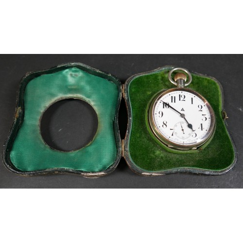 60 - Two Goliath type pocket watches in silver fronted easel back moroccan leather cases. Both with top w... 