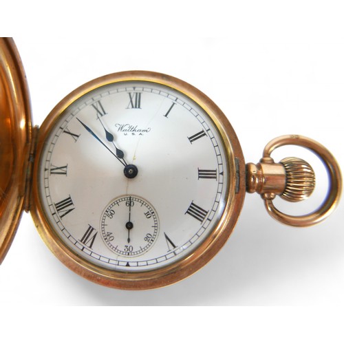 61 - Two American Waltham gold plated half hunter pocket watches, one with Traveller movement, both with ... 