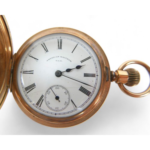 61 - Two American Waltham gold plated half hunter pocket watches, one with Traveller movement, both with ... 