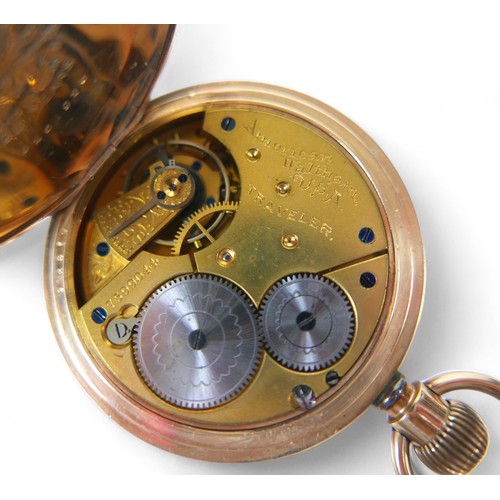 61 - Two American Waltham gold plated half hunter pocket watches, one with Traveller movement, both with ... 