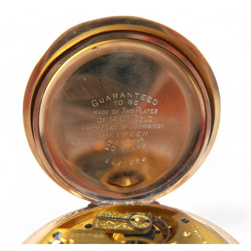 61 - Two American Waltham gold plated half hunter pocket watches, one with Traveller movement, both with ... 