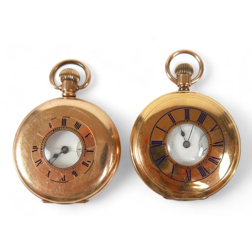 61 - Two American Waltham gold plated half hunter pocket watches, one with Traveller movement, both with ... 