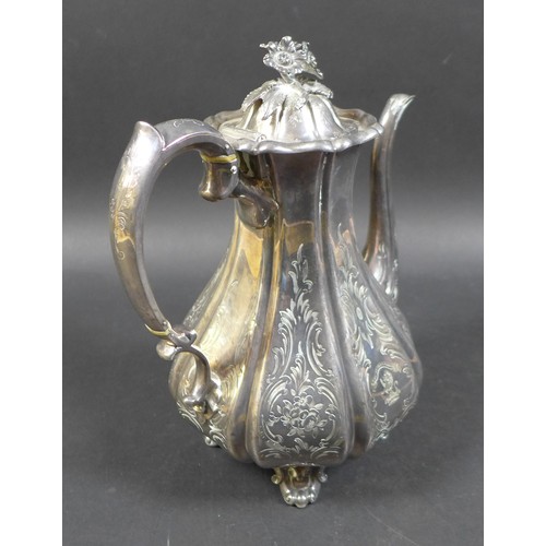 3 - A Victorian silver coffee pot, of bombe shape with engraved foliate decoration, floral final, the fo... 