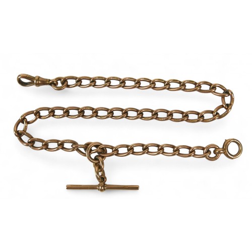 91 - A 9ct yellow gold watch chain with T bar, 5.8mm wide, 36cm long, 37.1g.