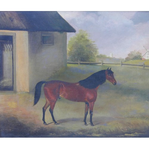 230 - British School (early 20th century): equine portrait, of a Bay horse, standing in a field besides a ... 