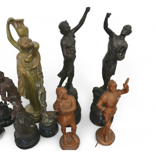 147 - A mixed group of metal wares, including 10 spelter figurines, tallest 55cm high, a cast iron fire gr... 