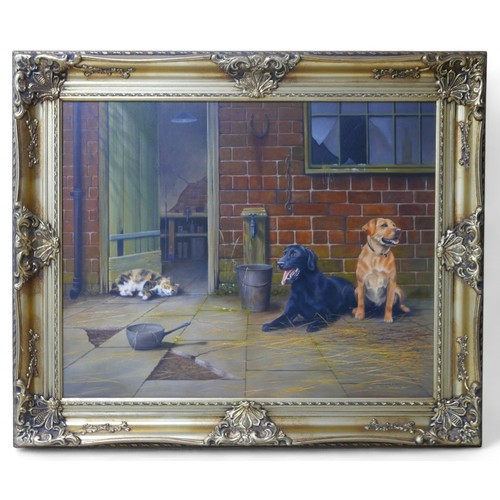 247 - David Waller (British, b. 1948): A study of two labradors and a cat, oil on canvas, signed, 60 by 75... 