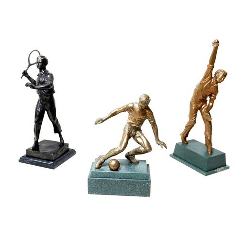 152 - Three bronzed sporting sculptures, comprising a tennis player, indistinctly signed, 42.5cm high, cri... 