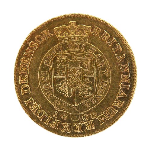 38 - A George III gold half-guinea, 1808, obverse with seventh laureate head right, inscribed GEORGIVS II... 