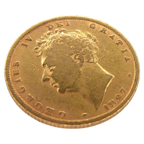 42 - A George IV gold sovereign, 1827, obverse with bare head portrait of King George IV left, legend aro... 