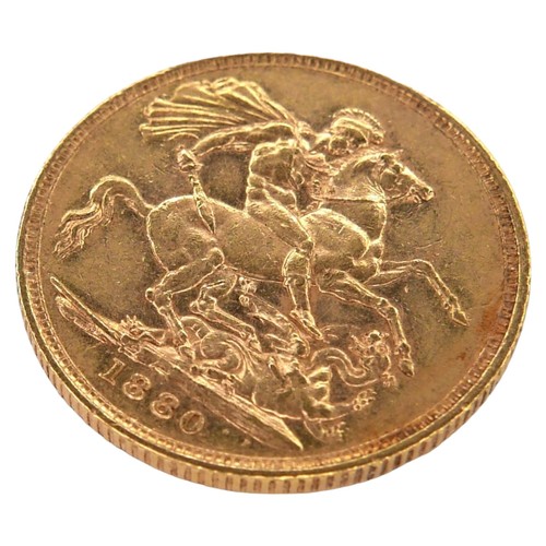 51 - A Victoria Young Head gold sovereign, 1880, Sydney, Australia Mint.