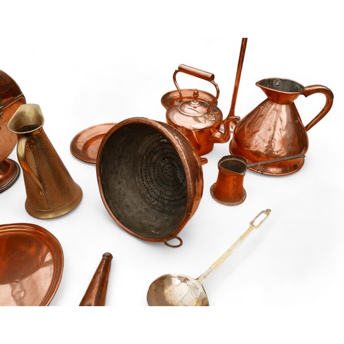 150 - A collection of assorted copper and brass items, including a kettle, beer warmer, scuttle, and three... 