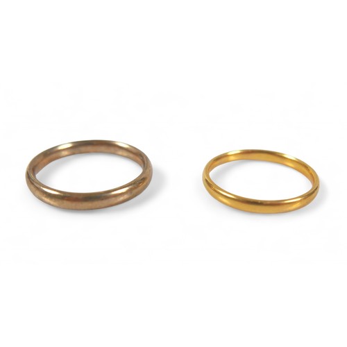 83 - A 22ct yellow gold wedding band ring, 2.0mm wide, size K, 1.9g, together with a 9ct yellow gold wedd... 