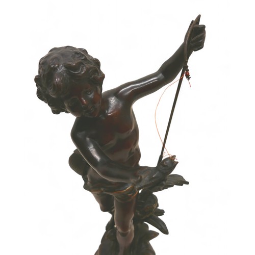 160 - A pair of bronze figures after August Moreau, 'Pecheur' and 'Ruisseau', 15 by 45cm high. (2)