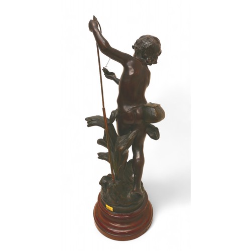 160 - A pair of bronze figures after August Moreau, 'Pecheur' and 'Ruisseau', 15 by 45cm high. (2)