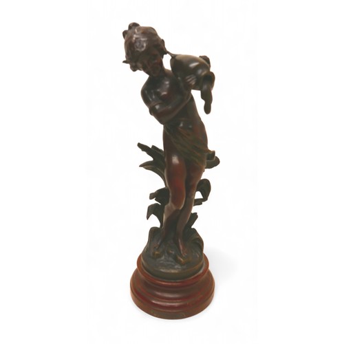 160 - A pair of bronze figures after August Moreau, 'Pecheur' and 'Ruisseau', 15 by 45cm high. (2)