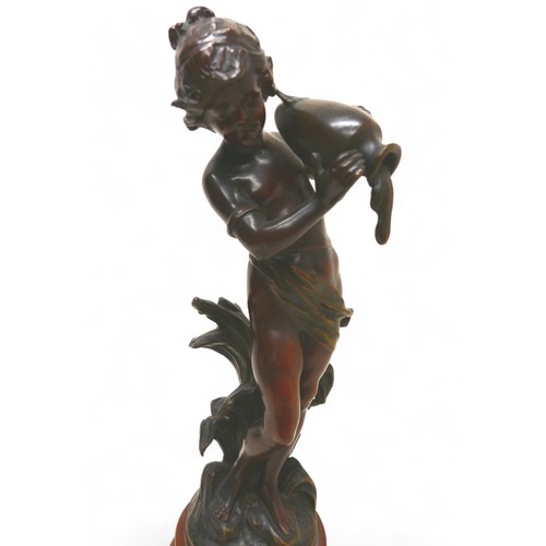 160 - A pair of bronze figures after August Moreau, 'Pecheur' and 'Ruisseau', 15 by 45cm high. (2)