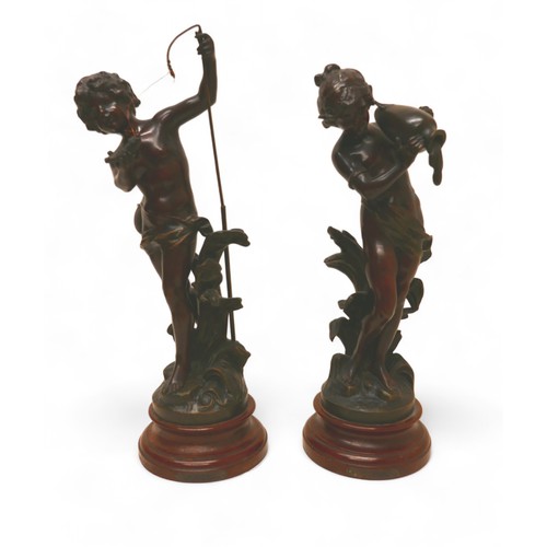 160 - A pair of bronze figures after August Moreau, 'Pecheur' and 'Ruisseau', 15 by 45cm high. (2)