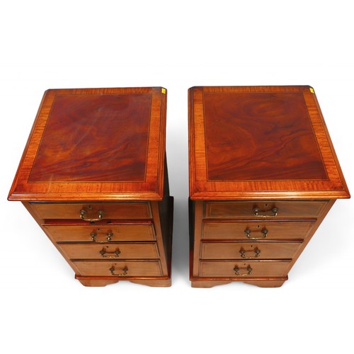 359 - A pair of mahogany four drawer bedside chests with cross banded tops, 39 by 40 by 76cm high.