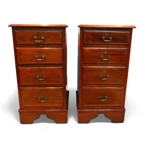 359 - A pair of mahogany four drawer bedside chests with cross banded tops, 39 by 40 by 76cm high.