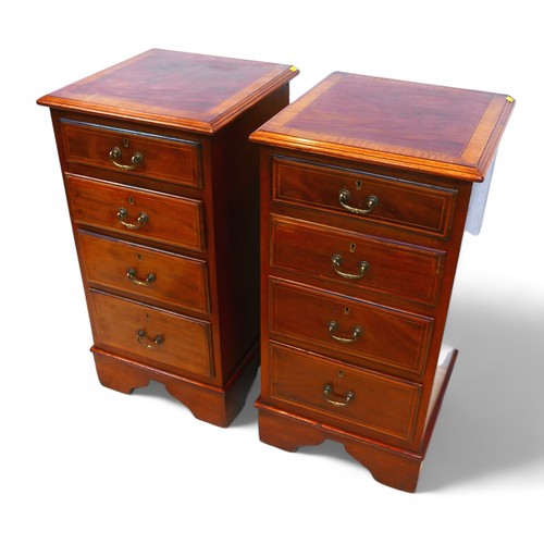 359 - A pair of mahogany four drawer bedside chests with cross banded tops, 39 by 40 by 76cm high.