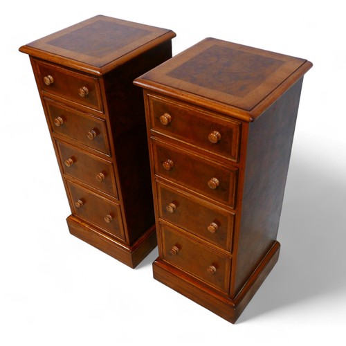 360 - A pair of new walnut four drawer bedside chests with crossbanded tops, 33 by 33 by 78cm high.