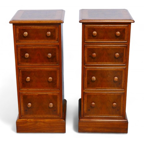 360 - A pair of new walnut four drawer bedside chests with crossbanded tops, 33 by 33 by 78cm high.